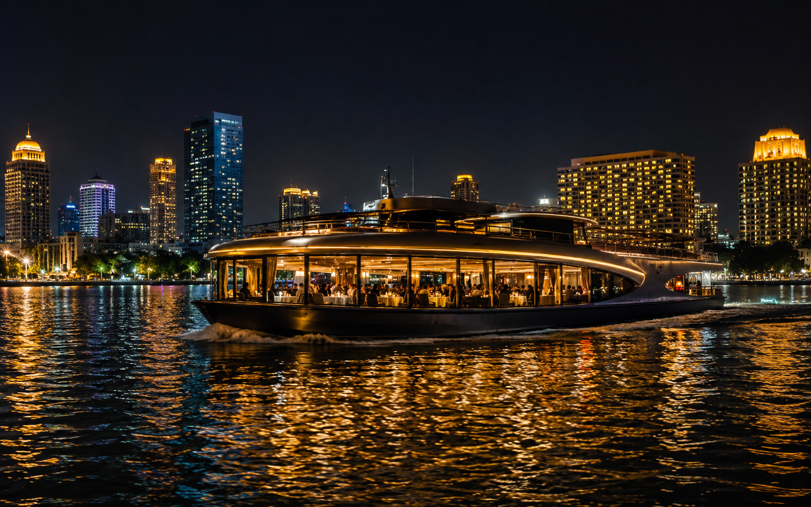 An elegant dinner cruise boat on a city river at sunset