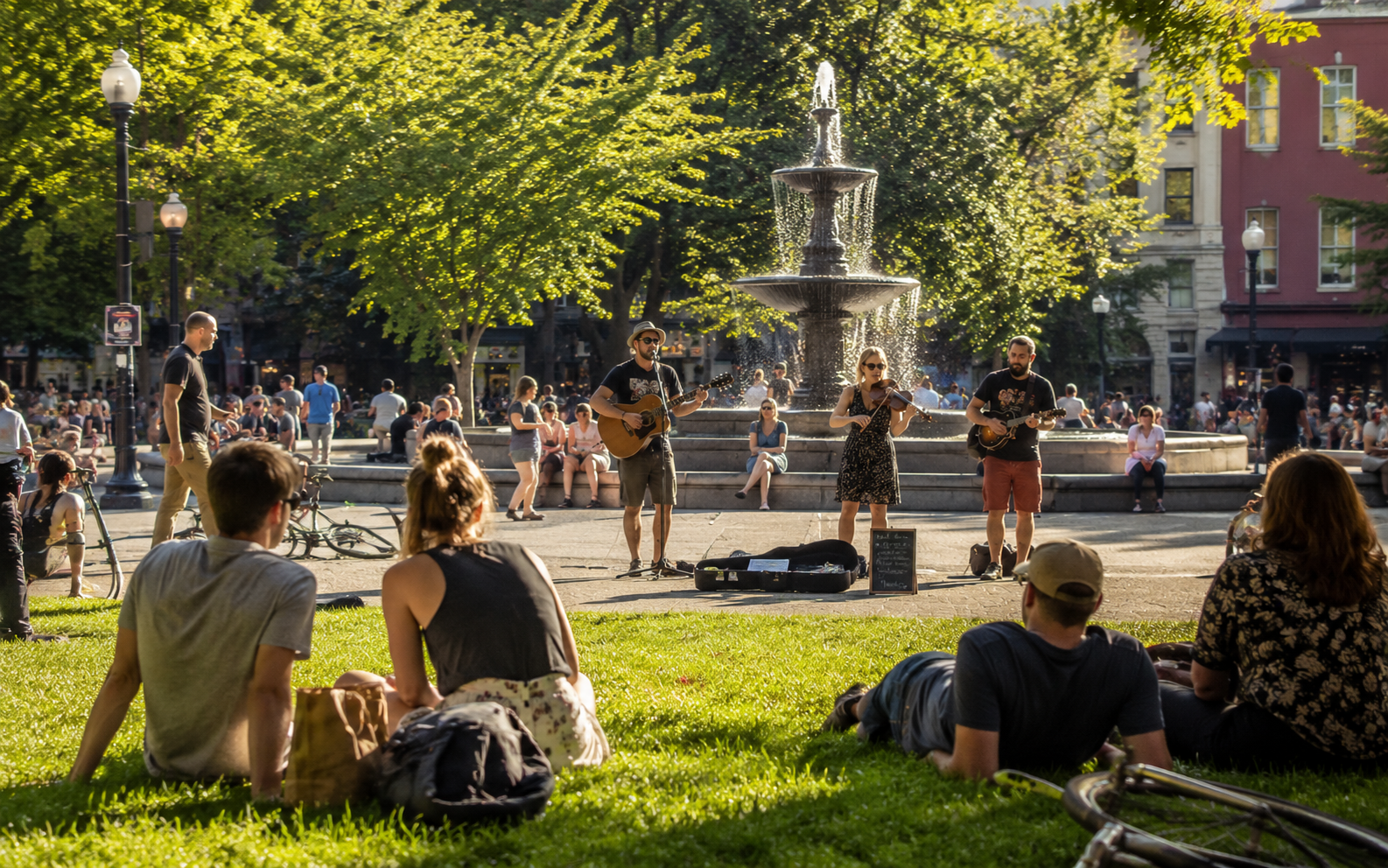 People enjoying free outdoor activities in a city park