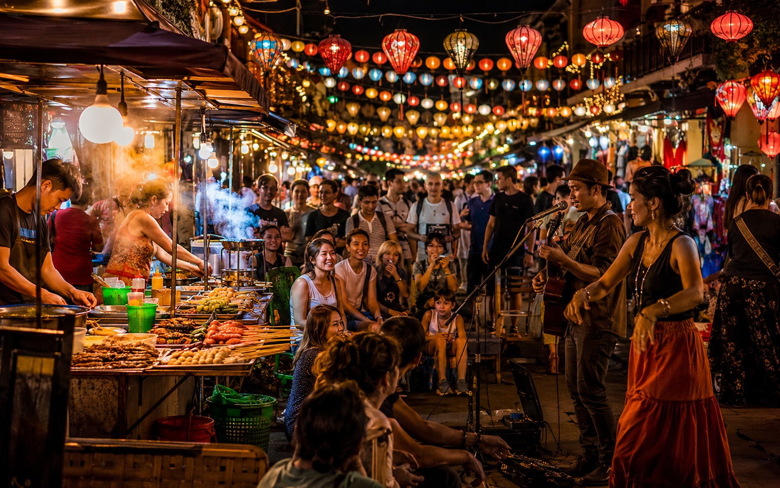 Bustling night market with street food and performers