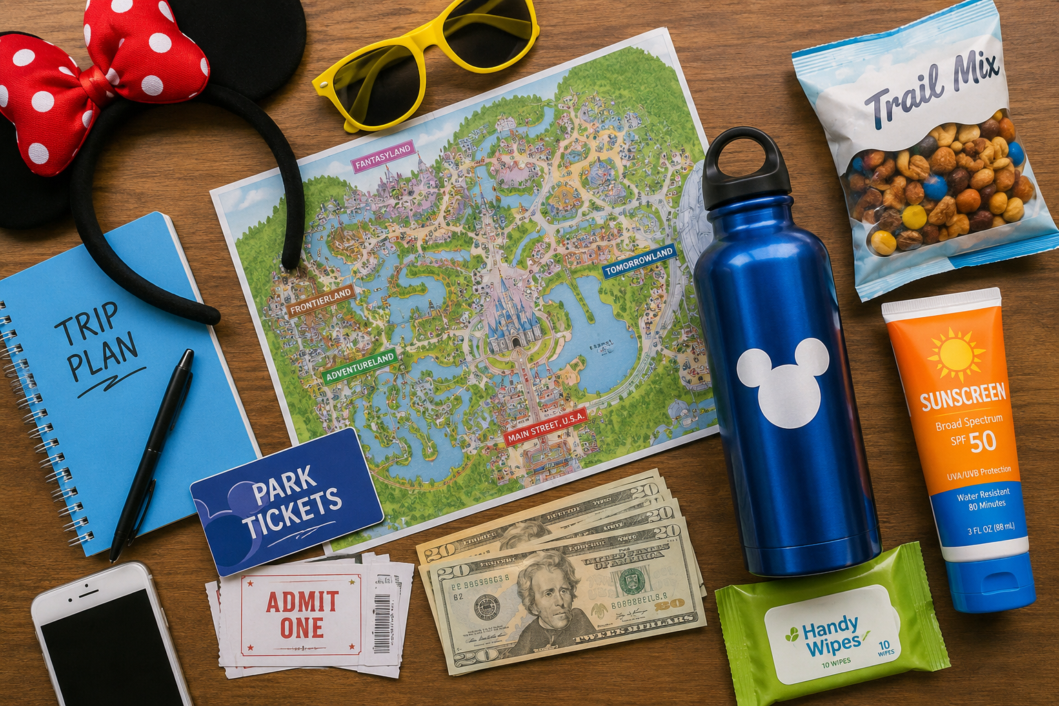 Family planning a theme park visit with maps and tickets
