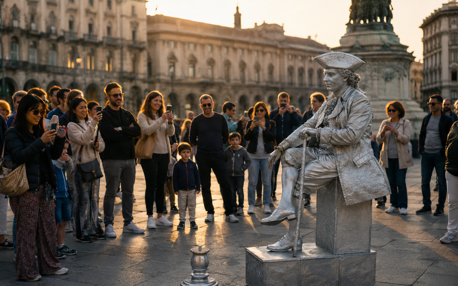 A street performer entertaining a crowd in a city square
