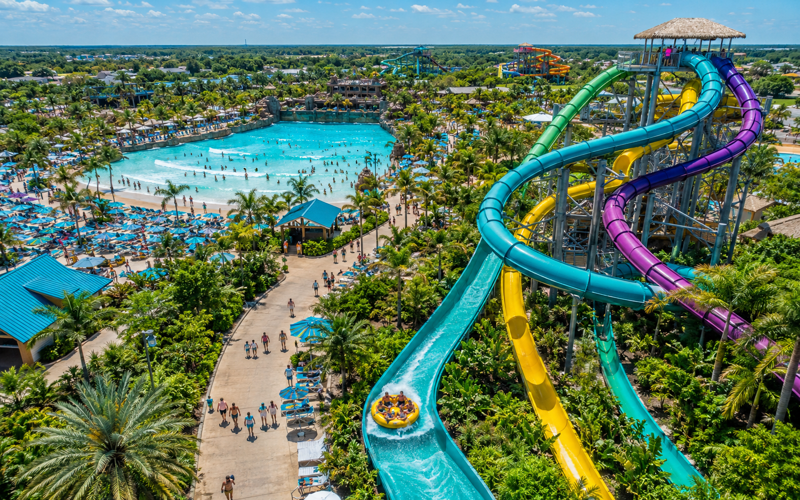 Modern water park with wave pools and slides